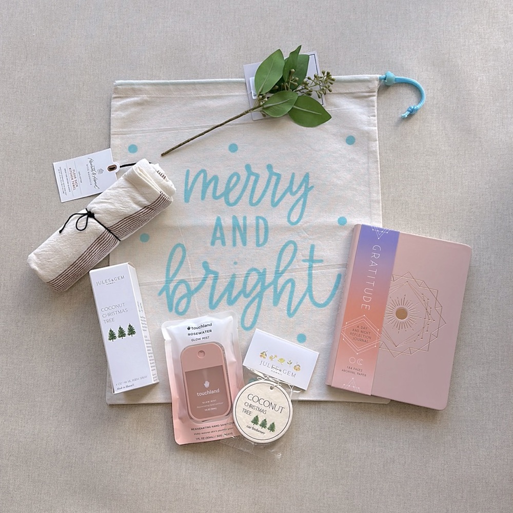 Gratitude Journal, Touchland Rosewater, Room Spray, Kitchen Towel Gift Bag Set 2
